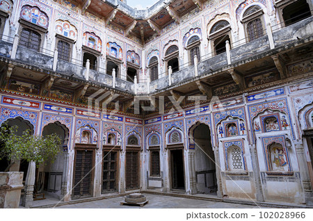Kamal Morarka Haveli Museum in Shekhawati. Marwari merchants constructed grand havelis in the Shekhawati region dated 17th to 19th centuries richly decorated with painted murals, Nawalgarh, Rajasthan, Kamal Morarka Haveli Museum in Shekhawati. Marwari merchants constructed grand havelis in the Shekhawati region dated 17th to 19th centuries richly decorated with painted murals, Nawalgarh, Rajasthan, 102028966