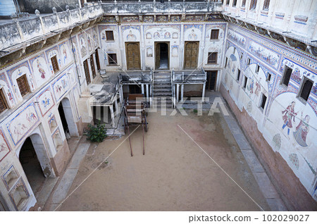 Kamal Morarka Haveli Museum in Shekhawati. Marwari merchants constructed grand havelis in the Shekhawati region dated 17th to 19th centuries richly decorated with painted murals, Nawalgarh, Rajasthan, 102029027