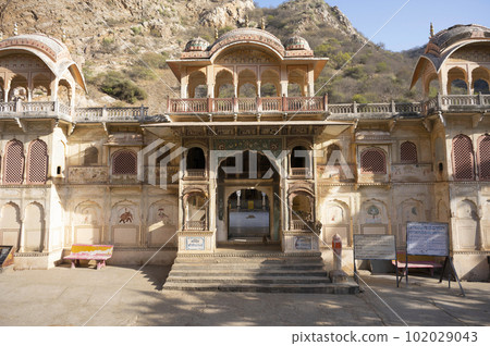 Shri Sitaramji Mandir at Galtaji Mandir, an ancient Hindu pilgrimage, built within a mountain pass in the Aravalli Hills in early 15th century, Jaipur, Rajasthan, India Shri Sitaramji Mandir at Galtaji Mandir, an ancient Hindu pilgrimage, built within a mountain pass in the Aravalli Hills in early 15th century, Jaipur, Rajasthan, India 102029043