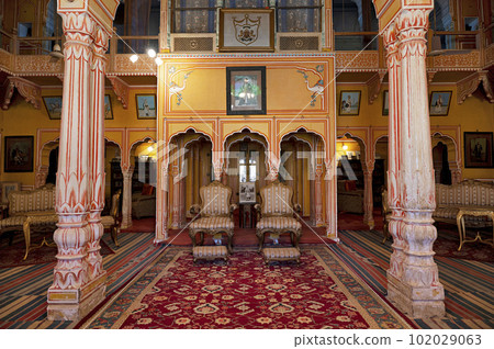 Interiors of Diwan Khana of Shivgarh Fort, now converted in to a Heritage Hotel. It was built by Thakur Kesri Singh Ji in 1750, located in Dundlod, Shekhawati, Rajasthan, India Interiors of Diwan Khana of Shivgarh Fort, now converted in to a Heritage Hotel. It was built by Thakur Kesri Singh Ji in 1750, located in Dundlod, Shekhawati, Rajasthan, India 102029063