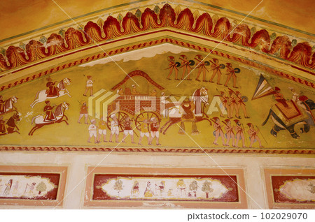 Colourful ceiling of small chhatri near Zanana Kund (Ladies Pool), situated in the premises of Galtaji Mandir, Jaipur, Rajasthan, India Colourful ceiling of small chhatri near Zanana Kund (Ladies Pool), situated in the premises of Galtaji Mandir, Jaipur, Rajasthan, India 102029070