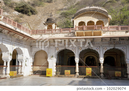 Shri Sitaramji Mandir at Galtaji Mandir, an ancient Hindu pilgrimage, built within a mountain pass in the Aravalli Hills in early 15th century, Jaipur, Rajasthan, India Shri Sitaramji Mandir at Galtaji Mandir, an ancient Hindu pilgrimage, built within a mountain pass in the Aravalli Hills in early 15th century, Jaipur, Rajasthan, India 102029074