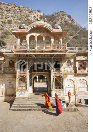 Entrance and exteriors of Shri Sitaramji Mandir, situated in the premises of Galtaji Mandir, built within a mountain pass in the Aravalli Hills in early 15th century, Jaipur, Rajasthan, India Entrance and exteriors of Shri Sitaramji Mandir, situated in the premises of Galtaji Mandir, built within a mountain pass in the Aravalli Hills in early 15th century, Jaipur, Rajasthan, India 102029084