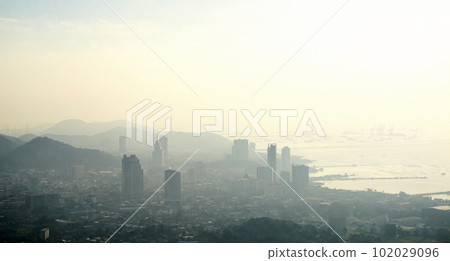 Siracha cityscape with sea and bright sky, View from mountain 102029096