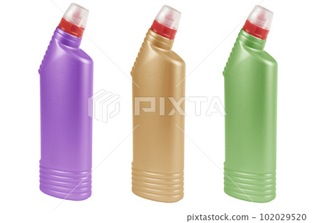 Three plastic bottle for detergent cleaning agen iIsolated on white background. Plastic bottle isolated with clipping path. Empty space for text Three plastic bottle for detergent cleaning agen iIsolated on white background. Plastic bottle isolated with clipping path. Empty space for text 102029520