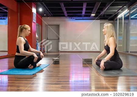 yoga teacher student group lesson practicing yoga teaching moves stretching in studio.  102029619