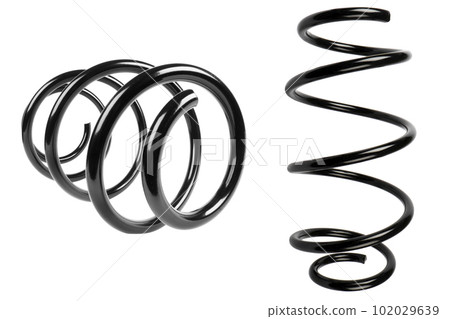 Automotive shock absorber coil spring isolated on white background. Coil spring in black steel car suspension system spare parts isolated on white background. Automotive shock absorber coil spring isolated on white background. Coil spring in black steel car suspension system spare parts isolated on white background. 102029639