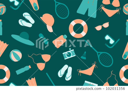 Summer seamless pattern. Accessories for sea holidays. Suitable for printing, textiles, backgrounds, wallpaper, wrapping paper, packaging. Summer seamless pattern. Accessories for sea holidays. Suitable for printing, textiles, backgrounds, wallpaper, wrapping paper, packaging. 102031356