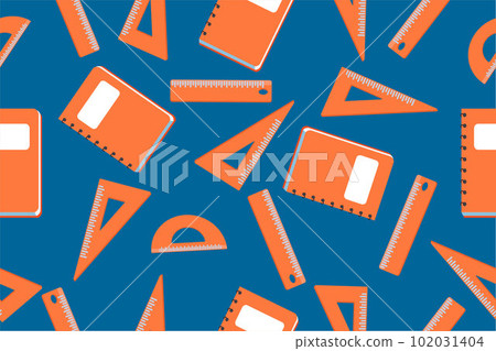 Seamless pattern of school rulers and notepad. School education, the concept of education, study, mathematics and geometry, drawing tools. Vector illustration. Seamless pattern of school rulers and notepad. School education, the concept of education, study, mathematics and geometry, drawing tools. Vector illustration. 102031404