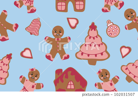 Seamless pattern with ginger cookies on a blue background. Vector Christmas illustration Seamless pattern with ginger cookies on a blue background. Vector Christmas illustration 102031507