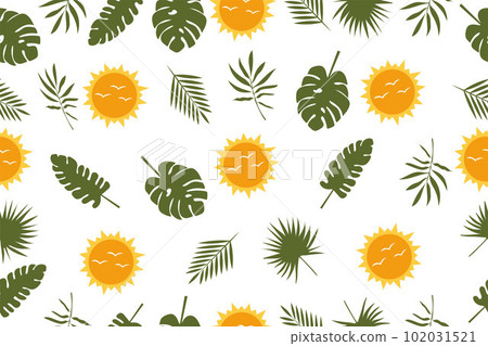 Seamless pattern of abstract leaves and the sun. Vector drawing of tropical leaves. Trendy botanical elements for your design. Vector Seamless pattern of abstract leaves and the sun. Vector drawing of tropical leaves. Trendy botanical elements for your design. Vector 102031521