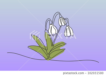 One line snowdrop isolated on blue background. Vector illustration continuous one line of white snowdrop. Spring card with snowdrop. Spring flower 102031580