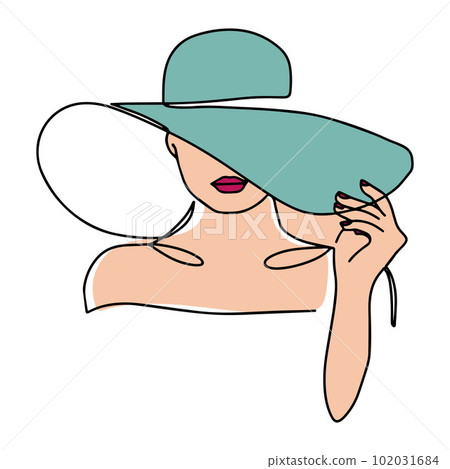 Woman in hat vector one line art. Line art. Minimalist print. Black and white. Beauty logo. Portrait of young modern woman wearing hat. Vector illustration Woman in hat vector one line art. Line art. Minimalist print. Black and white. Beauty logo. Portrait of young modern woman wearing hat. Vector illustration 102031684