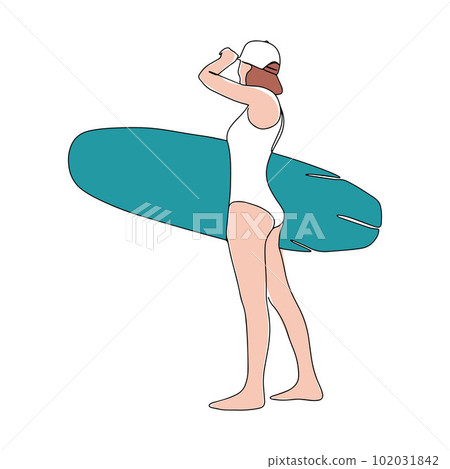 Continuous line drawing of a surfer girl with a surfboard, One line drawing of a surfer girl 102031842