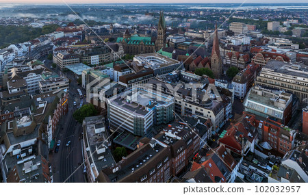 Bremen, Germany. Aerial View on Historical Center of Bremen, Marktplatz at Sunrise. Bremen, Germany. Aerial View on Historical Center of Bremen, Marktplatz at Sunrise. 102032957