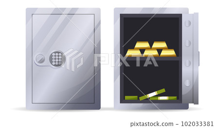 Bank metal vault and safes with open and closed doors. Safe Icons. Gold bars and cash money in secure metal storage. Bank metal vault and safes Bank metal vault and safes with open and closed doors. Safe Icons. Gold bars and cash money in secure metal storage. Bank metal vault and safes 102033381
