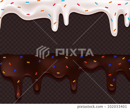 Realistic drip cream drops melt drops with sprinkles. Melted white sweet liquid splashes, glossy cream border with dripping droplets. Seamless pattern. 3d realistic vector 102033401