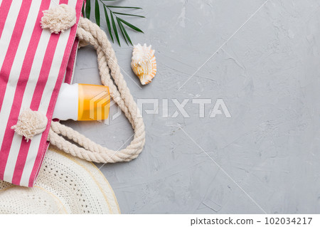 Summer vacation concept flat lay. beach accessories and towel top view. Space for text. travel concept Summer vacation concept flat lay. beach accessories and towel top view. Space for text. travel concept 102034217