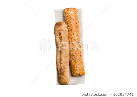 fresh crunchy french baguette isolated on white background. Top view Bakery products 102034741