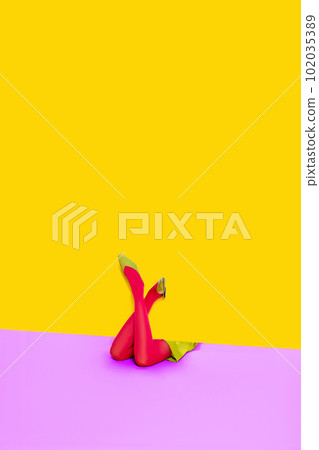 Female legs in colorful tights over vivid yellow and pink background. Vertical layout. Space for text. Pop art photography. Female legs in colorful tights over vivid yellow and pink background. Vertical layout. Space for text. Pop art photography. 102035389