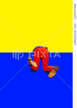 New opportunities. Male legs in red pants and classical shoes over vivid yellow blue background New opportunities. Male legs in red pants and classical shoes over vivid yellow blue background 102035446