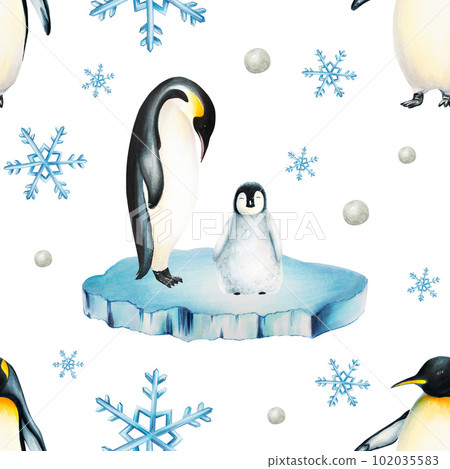 Watercolor seamless pattern with king penguin family on the floating ice isolated. Hand painting realistic Arctic and Antarctic ocean mammals. For designers, decoration, postcards, wrapping paper Watercolor seamless pattern with king penguin family on the floating ice isolated. Hand painting realistic Arctic and Antarctic ocean mammals. For designers, decoration, postcards, wrapping paper 102035583