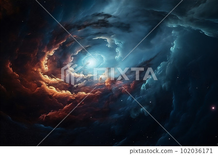 Abstract colourful spiral galaxy in space, interstellar nebula, realistic swirling vortex. AI generated 102036171