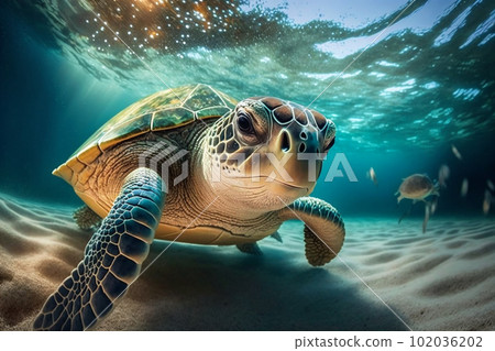 Close Up portrait of happy sea turtle swimming underwater. AI generated. 102036202
