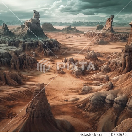 Hyper-realistic surreal desert landscape. AI generated 102036203