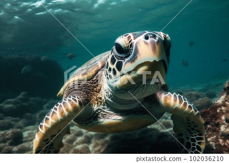 Close Up portrait of happy sea turtle swimming underwater. AI generated. Close Up portrait of happy sea turtle swimming underwater. AI generated. 102036210