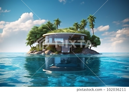 Luxury silk modern villa on tropic island with palms. Travel concept. AI generated Luxury silk modern villa on tropic island with palms. Travel concept. AI generated 102036211