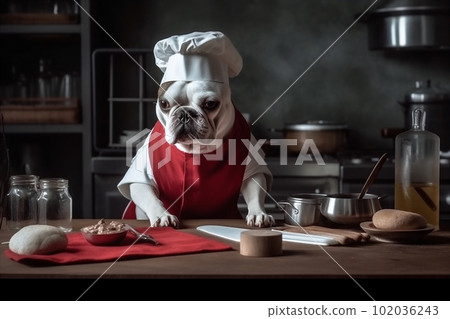 White cute french bulldog wearing chef clothes cooking. AI generated. White cute french bulldog wearing chef clothes cooking. AI generated. 102036243