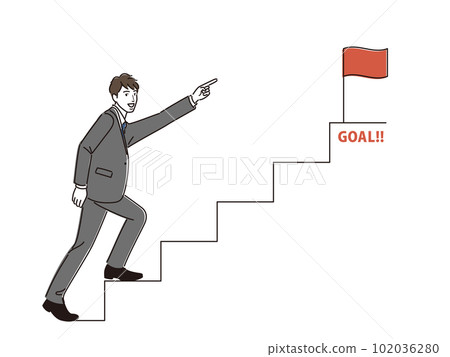 Businessman pointing at goal and climbing stairs 102036280