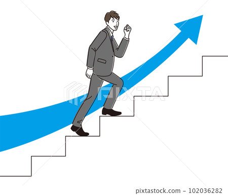 Businessman climbing stairs while doing guts pose and rising arrow Businessman climbing stairs while doing guts pose and rising arrow 102036282