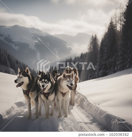 Sled dogs husky huskies in a harness on the snow, close-up, amazing pets, 102036582