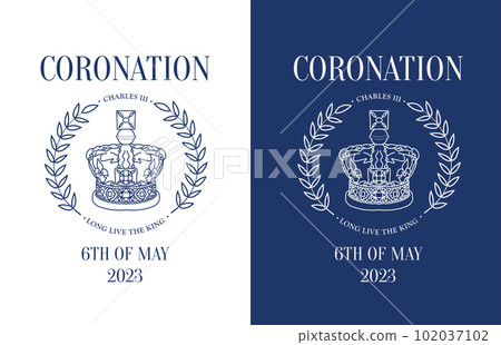 Poster for King Charles III Coronation with linear crown and laurel wreath. Monochrome Greeting card for celebrate a coronation of Prince Charles of Wales becomes King of England. Vector illustration. 102037102