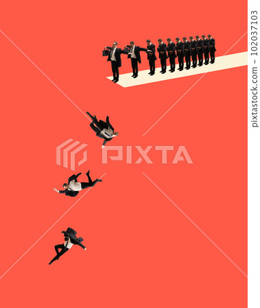 Man, m eployees standing on trampoline and jumping into unknown space. New start, taking risks. Believe in yourself. Contemporary art collage. 102037103
