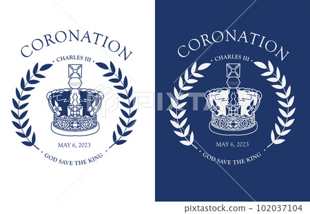 Blue and white poster with a royal crown and a slogan God save the king. The crown is the symbol of new king's authority and power. Vector flat monochrome illustration. 102037104