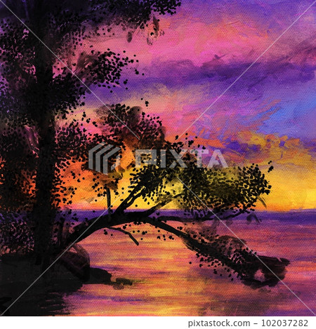 Hand drawn illustration of evenng sky sunset, sea ocean water surface orange colors, shiny shimmer reflection, dark tree, sunrise cold purple lilac clouds, clear summer travel, oil paint texture Hand drawn illustration of evenng sky sunset, sea ocean water surface orange colors, shiny shimmer reflection, dark tree, sunrise cold purple lilac clouds, clear summer travel, oil paint texture 102037282