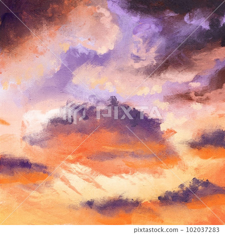 Hand drawn illustration of evening sky sunset, sea ocean water surface orange colors, shiny shimmer reflection, sunrise cold purple lilac clouds, clear summer travel, oil paint texture sketch painting 102037283