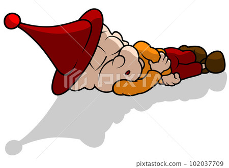 Little Dwarf in a Red Suit Sleeps on the Ground 102037709
