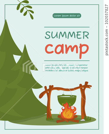 A4 poster for summer camping, travel, trip, hiking, tourist, nature, travel, picnic. Design of a poster, banner, leaflet, cover, special offer, advertisement. Vector illustration in a flat style. 102037827