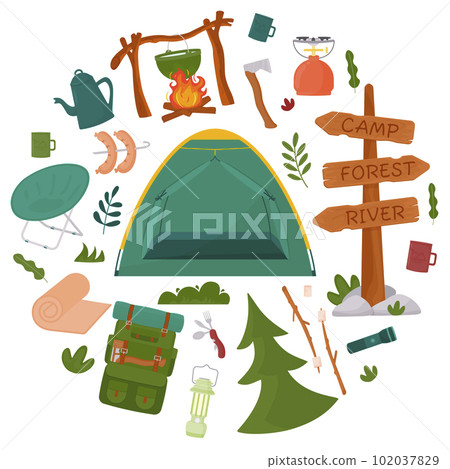 Background for summer camping, travel, trip, hiking, tourist, nature, travel, picnic. Design of a poster, banner, leaflet, cover, special offer, advertisement. Vector illustration in a flat style. 102037829
