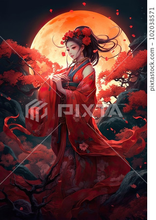 Japanese cartoon anime girl in a dress in a flower field on a full moon Japanese cartoon anime girl in a dress in a flower field on a full moon 102038571