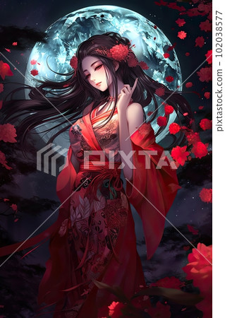 Japanese cartoon anime girl in a dress in a flower field on a full moon 102038577