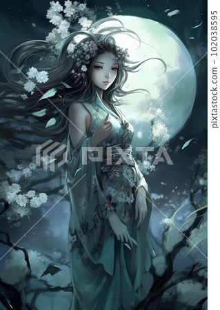 Japanese cartoon anime girl in a kimono dress in a flower field on a full moon 102038595