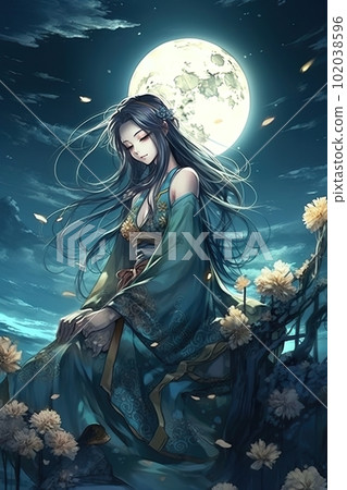 Japanese cartoon anime girl in a kimono dress in a flower field on a full moon Japanese cartoon anime girl in a kimono dress in a flower field on a full moon 102038596
