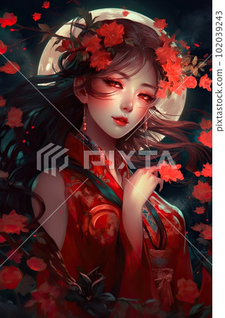 Japanese cartoon anime girl in a dress in a flower field on a full moon 102039243