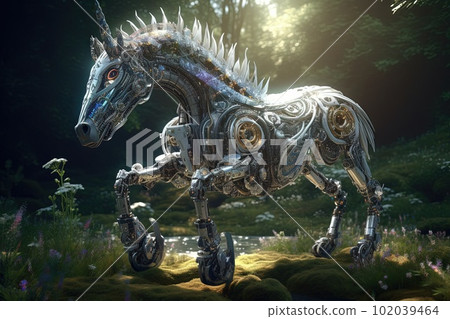 Futuristic robotic unicorn in a cyberpunk setting illustration generative ai Futuristic robotic unicorn in a cyberpunk setting illustration generative ai 102039464