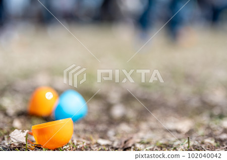 Open and discarded halves of plastic Easter eggs after a public hunt.  102040042